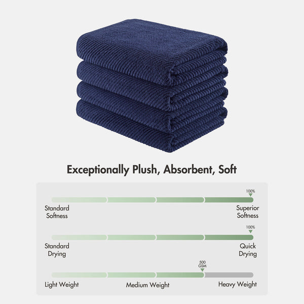 JLA Home Madison Park - 100% Cotton Diagonal Ribbed 4-Piece Bath Towels — Plush Zero-Twist 518GSM, Fast-Dry & Durable Luxury Navy MP73-8874