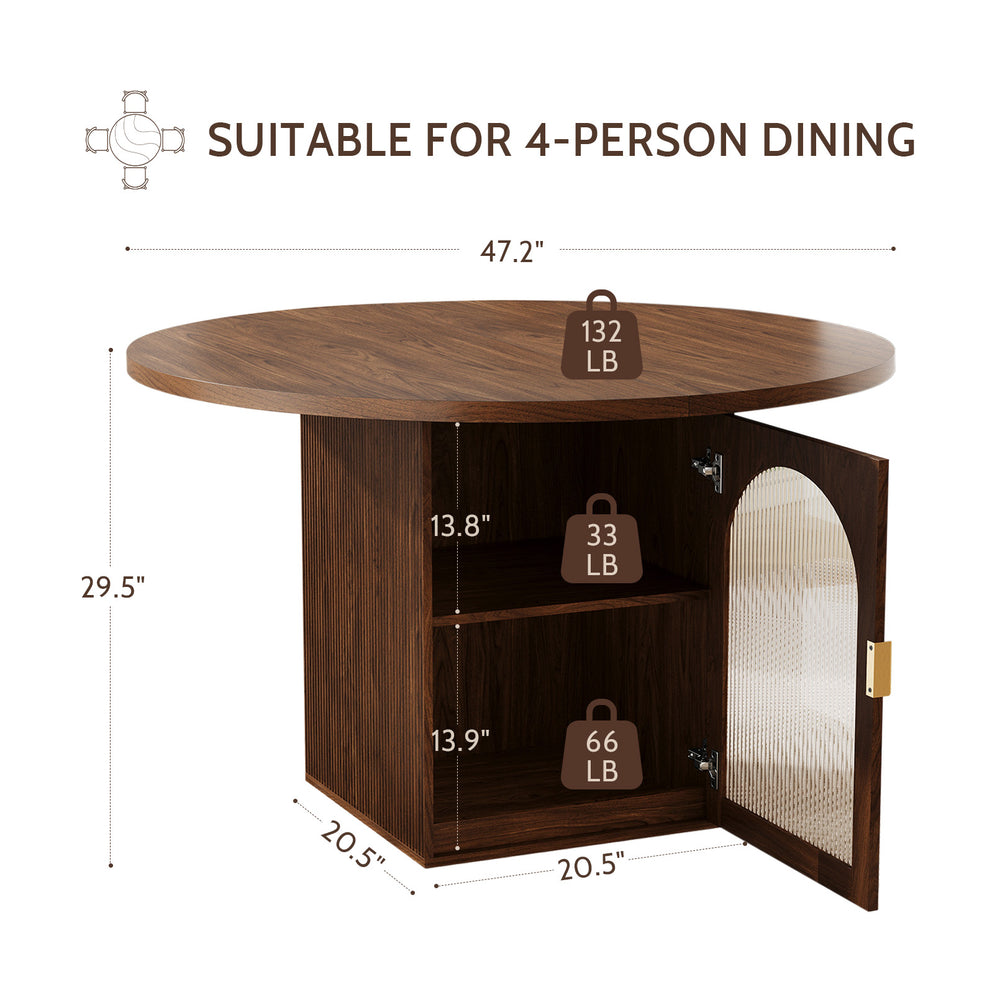 English Elm 47 Inch Round Walnut Dining Table with Ribbed Glass Storage Pedestal Seats Six T5618P448234