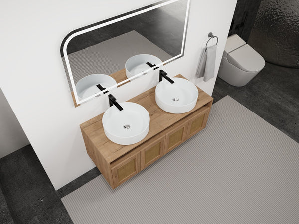 English Elm 48" Imitative Oak Wall Mounted Bathroom Vanity with Ceramic Art Sink, Plywood, 4 Soft-Close Doors, Modern Float Design W999S00399