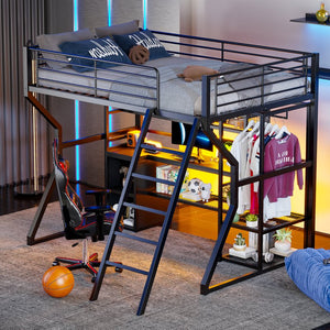 English Elm Full Size Metal Gaming Loft Bed With Workstation, Led Lights, Storage Solutions & Open Wardrobe N7090000666B