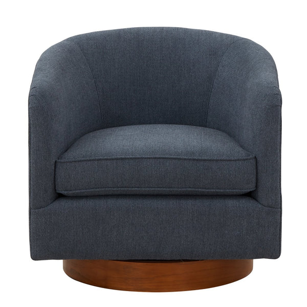 English Elm Miramar Plush Chenille Barrel Swivel Chair with Warm Wood Base, 360° Comfort and Removable Cushion Blue B050P322576