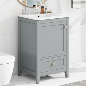 English Elm 20" Compact Bathroom Vanity Grey Mdf Cabinet Ceramic Sink Soft Close Storage N725P351851E