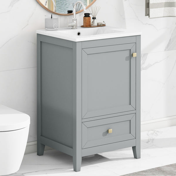 English Elm 20" Compact Bathroom Vanity Grey Mdf Cabinet Ceramic Sink Soft Close Storage N725P351851E