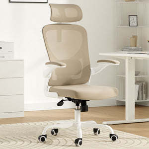 English Elm Ergonomic Office chair with adjustable headrest and lumbar support, breathable mesh, space-saving design khaki,White T3623P368566