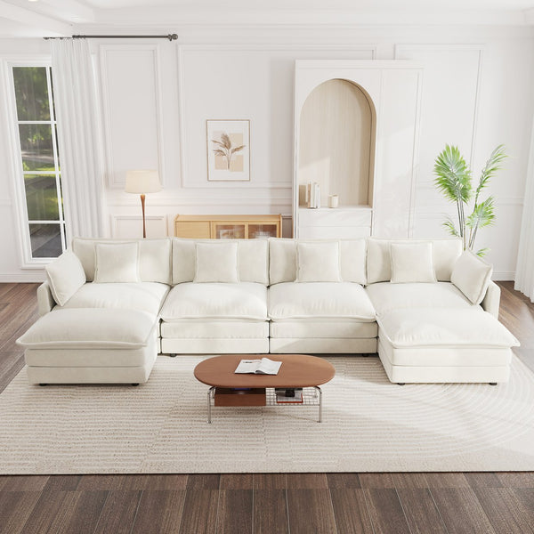 English Elm Comfort Modular U-shape Sectional Sofa White Chenille with Reversible Chaise and Ottomans W714S00564