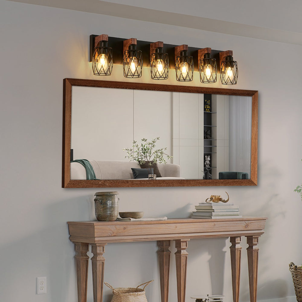 English Elm 38" Industrial Vintage 6-Light Wall Sconce Black Cage with Walnut Wood Accents for Bathroom Hallway Loft Ambience W2312P374840