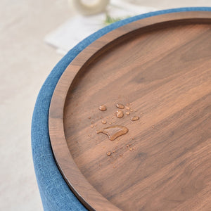 English Elm Ball Cast Round Nesting Ottoman Set Linen Upholstered Hidden Storage with Wooden Tray Blue W3163P379374