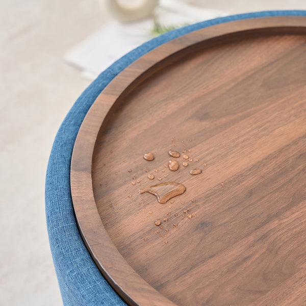 English Elm Ball Cast Round Nesting Ottoman Set Linen Upholstered Hidden Storage with Wooden Tray Blue W3163P379374