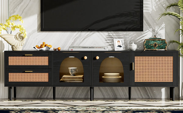 English Elm Rattan Black TV Stand with 3 Cabinets & 2 Rattan Drawers, LED Media Console, Cable Management, 80" N710P206015B