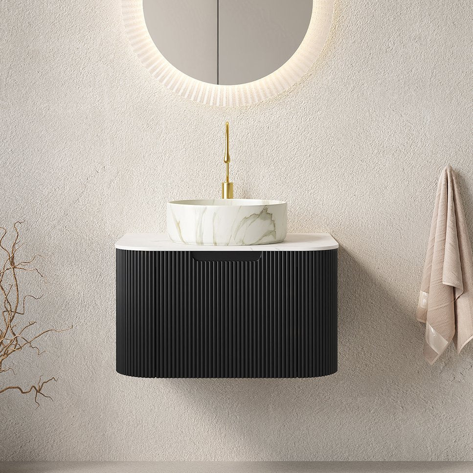English Elm Dina Floating Bathroom Vanity with Sintered Stone Top and Crystal Glass Basin Black,Carrara White,Stone White W2615S00399