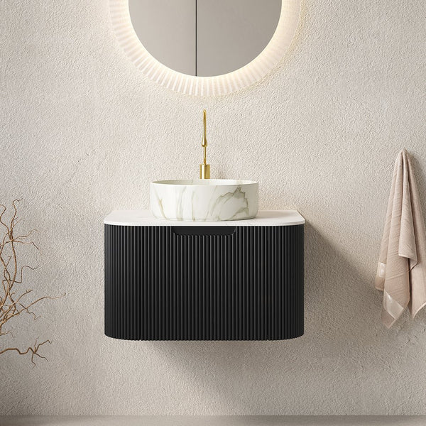 English Elm Dina Floating Bathroom Vanity with Sintered Stone Top and Crystal Glass Basin Black,Carrara White,Stone White W2615S00399