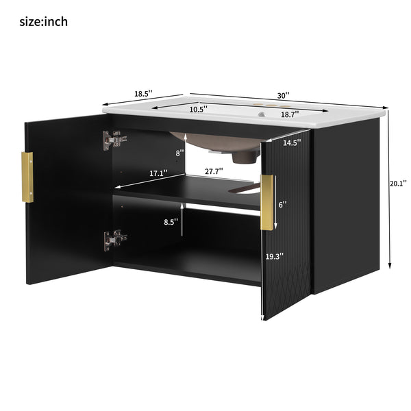 English Elm 30" Vintage Bathroom Vanity with Ceramic Sink — Wall-Mount MDF & Solid Wood Cabinet, Storage, Sleek Finish Black N710P214100B