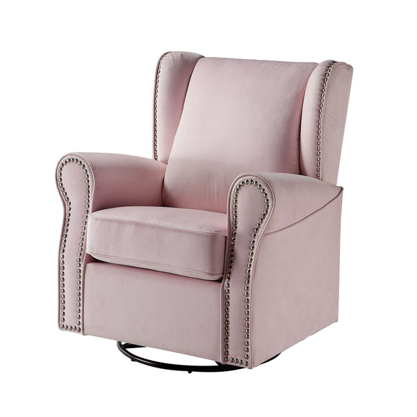 English Elm Pink Rolled Arms Swivel Chair Glider with Nailhead Trim, Removable Cover, Plush Upholstery Elegance B062P186521