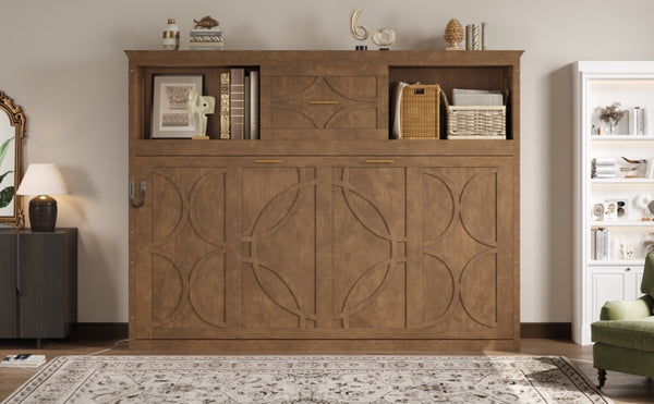 English Elm Twin Size Murphy Bed With Charging Station, Storage Drawer & Stylish Wood Finish For Space-Saving Design N7090004019D-GIGA