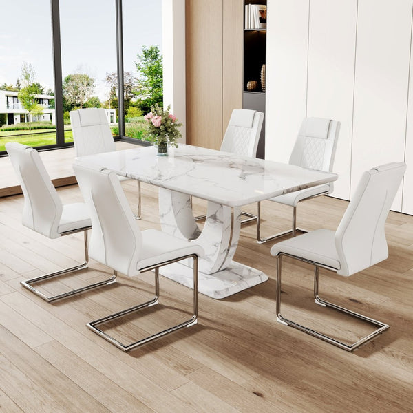 English Elm Table And Chair Set - Modern Marble Pattern Mdf Dining Set With 6 White Pu Chairs For Elegance W1151S02182-GIGA