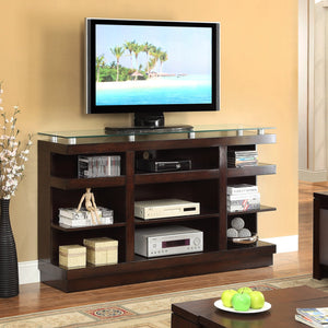 English Elm Novella Hardwood Media Console with Tempered Glass Top and Open Shelves for Living Room B108P481214
