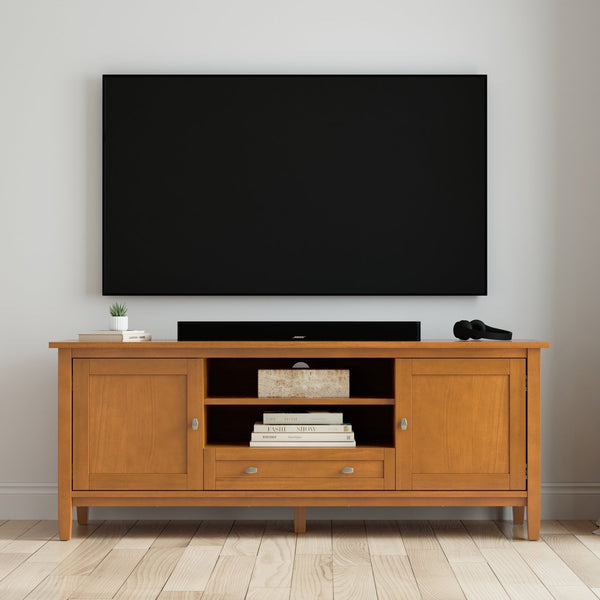 English Elm Warm Shaker 60 TV Media Stand in Brown Pine — Handcrafted Shaker Design, Storage, Cable Management B136P261848