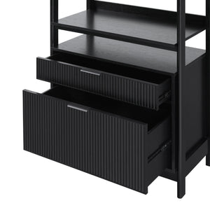 English Elm Walker Edison - Transitional Wide Reeded Bookshelf with Drawers on Bottom for Home Office, Spacious Shelving & Storage Black 75.25 L x 20.63 W x 7 H B185P200187