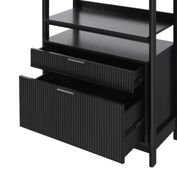 English Elm Walker Edison - Transitional Wide Reeded Bookshelf with Drawers on Bottom for Home Office, Spacious Shelving & Storage Black 75.25 L x 20.63 W x 7 H B185P200187