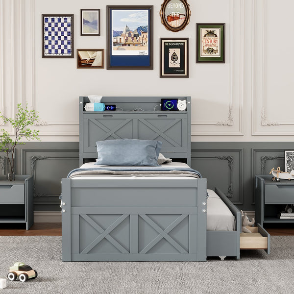 English Elm Twin Storage Bed with Headboard Outlets, Extendable Trundle & 3 Drawers, Durable MDF/Plywood Design Gray 45.5 L x 21.5 W x 8 H N733S172839E