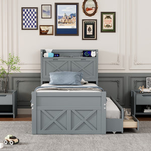 English Elm Twin Size Wooden Bed With Storage Headboard With Outlets, Extendable Bed With Twin Size Trundle With Three Storage Drawers,Gray