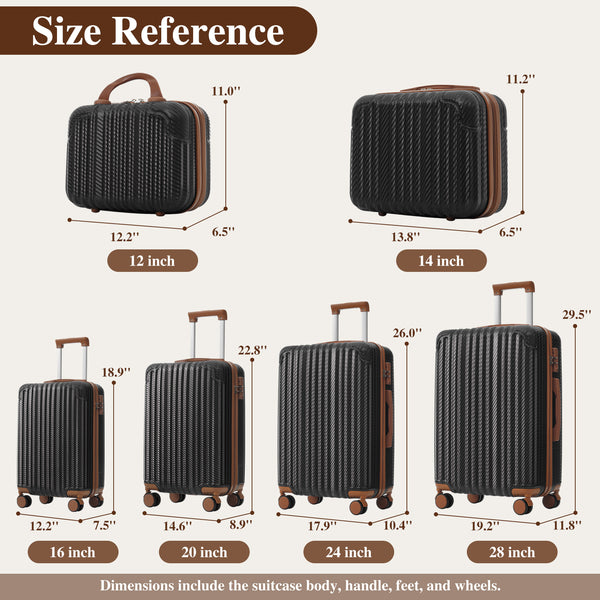 English Elm 6-piece Hardshell Abs Luggage Set with Spinner Wheels Tsa Lock and Scratch Resistant Shell Black Brown N730P354689B