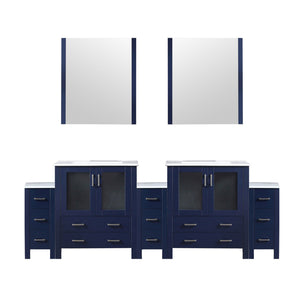 English Elm Navy Double Bath Vanity 96" W x 18.25" D with Side Cabinets, White Ceramic Top, Soft-Close Drawers and 28" Mirrors B2731S00608
