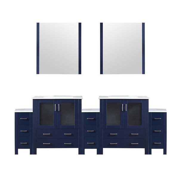 English Elm Navy Double Bath Vanity 96" W x 18.25" D with Side Cabinets, White Ceramic Top, Soft-Close Drawers and 28" Mirrors B2731S00608