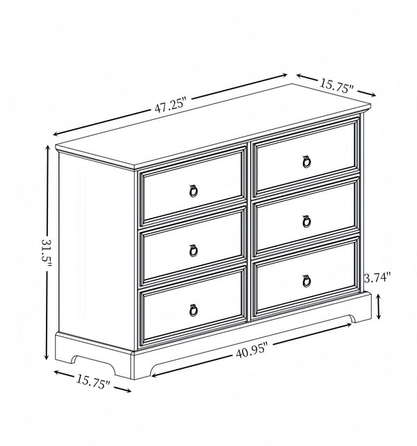 English Elm Modern 6-Drawer Chest of Drawers for Bedroom — Spacious Wooden Dresser with Smooth Glide Drawers, Elegant Patterned Top White W2275P224405