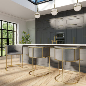 English Elm 26" Counter Stool Tufted Faux Leather Seat with Brass Metal Base for Kitchen Islands Gray Pu B2751P436484