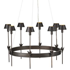 Coterie Bronze Chandelier: Elegant Wrought Iron Design with Warm Gold Shades & Adjustable Height Features