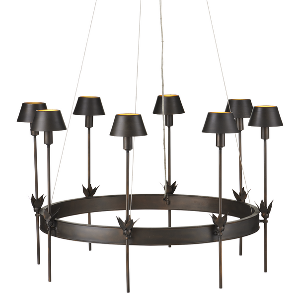 Coterie Bronze Chandelier: Elegant Wrought Iron Design with Warm Gold Shades & Adjustable Height Features