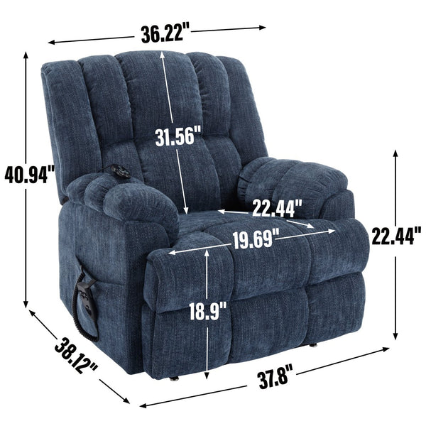 English Elm Dual Motor Power Lift Recliner Chenille Chair with Massage Heat and Infinite Positions Blue W3224P288489