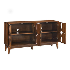 English Elm 60.5" Mid Century Sideboard Buffet with 4 Doors, Adjustable Shelves, Outlet Holes — Walnut TV Console W1801P224330