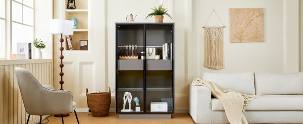 English Elm 60.6'' Contemporary Display Cabinet with LED Lighting, Tempered Glass Doors, Adjustable Shelves & Drawers - Grey, Modern Freestanding Storage for Living Room, Office, Kitchen N845P261799E