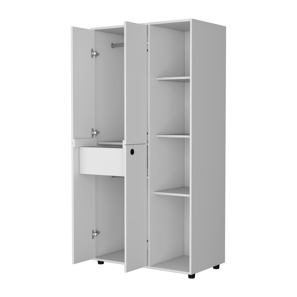 English Elm Bethel White Armoire Closet with Drawer, Dual Hanging Rods, Four Cabinets & Open Display Storage B128S00127