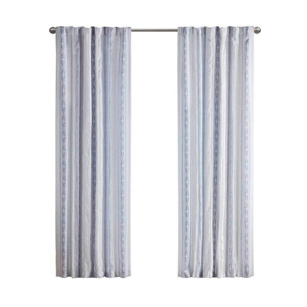 English Elm Poly Printed Curtain Panel With Tufted Stripe & Lining, White/Navy 50X95" For Boho Style Decor B035P268158-GIGA