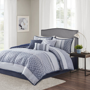 English Elm 7 Madison Park Bennett Jacquard Comforter Set Navy Cal King – 7pc Striped Geometric Luxe Bedding, Faux Silk Bedskirt, Machine Washable B03597210