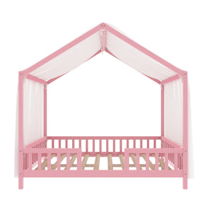 English Elm Montessori House Bed Frame Twin with Canopy & Full Guardrails, Cozy Kids Platform Bed for Toddlers Pink 77.8 L x 17.25 W x 7 H N733P356048H