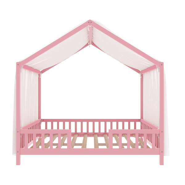 English Elm Montessori House Bed Frame Twin with Canopy & Full Guardrails, Cozy Kids Platform Bed for Toddlers Pink 77.8 L x 17.25 W x 7 H N733P356048H