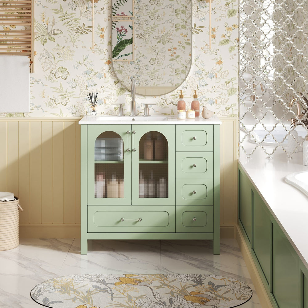 English Elm 36" Green Bathroom Vanity with Waffle Texture Doors, 4 Drawers, Glass Panels, Soft-Closing, Modern Storage N710P280025C