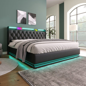 English Elm King Upholstered Bed with Surround LED, App/Remote Control, Hydraulic Storage, USB Type-C Charging Black N736P188808B