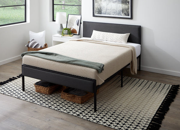 English Elm Edenbrook Charcoal King Metal Platform Bed Frame with Upholstered Headboard, 800lb Slats, Easy Assembly B350P394800