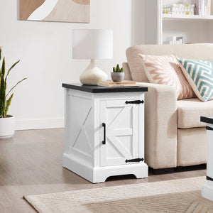 English Elm Farmhouse Rustic End Table with Barn Door Concealed Storage, Metal Handle, Retro Decor, Sturdy Base White+Black W2275P192793