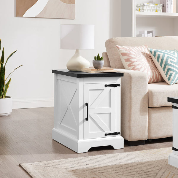 English Elm Farmhouse Rustic End Table with Barn Door Concealed Storage, Metal Handle, Retro Decor, Sturdy Base White+Black W2275P192793