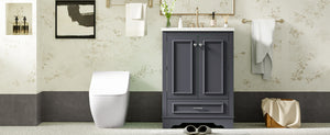 English Elm 24'' Bathroom Vanity with Ceramic Sink Combo Modern Freestanding MDF Cabinet with Soft-Close Doors and Sleek Silver Handles for Spacious Organized Bathroom Storage Blue Gray N710P194893C