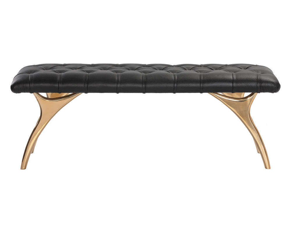 Sunpan Taylen Bench - Elegant Sculptural Design with Gold Aluminum Base and Genuine Leather Tufted Seat Black Leather