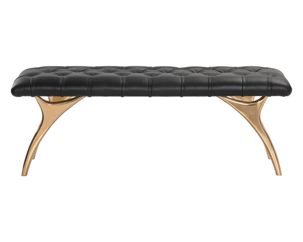 Sunpan Taylen Bench - Elegant Sculptural Design with Gold Aluminum Base and Genuine Leather Tufted Seat Black Leather