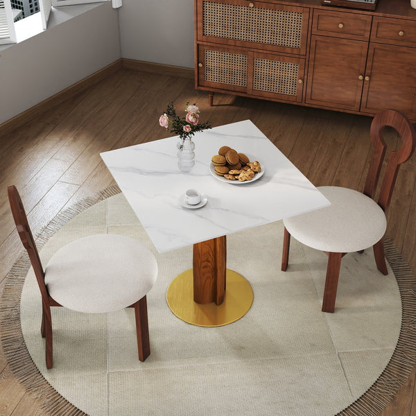 English Elm Modern Square Dining Table, 33.5" Sintered Stone Top With Wooden Legs & Gold Base - 2-Person Design W1535S00609