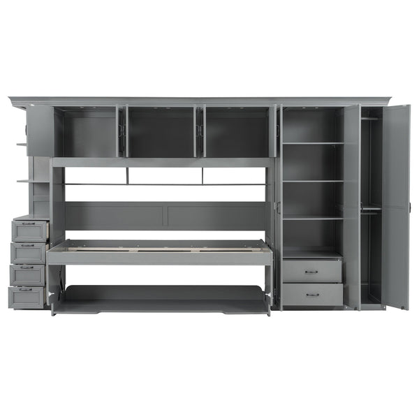 English Elm Twin Murphy Wall Bed with Integrated Desk Wardrobe and Storage Cabinet in White LP000767AAE